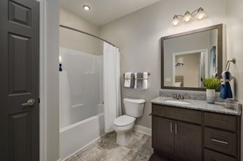 a bathroom with a shower toilet and sink and a mirror